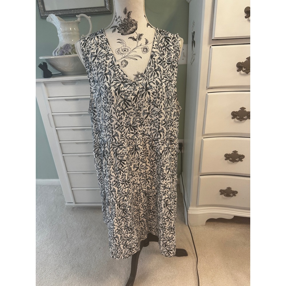 Lucky Brand Blue Grey Floral 100% Linen Sleeveless V-Neck Shift Dress XL